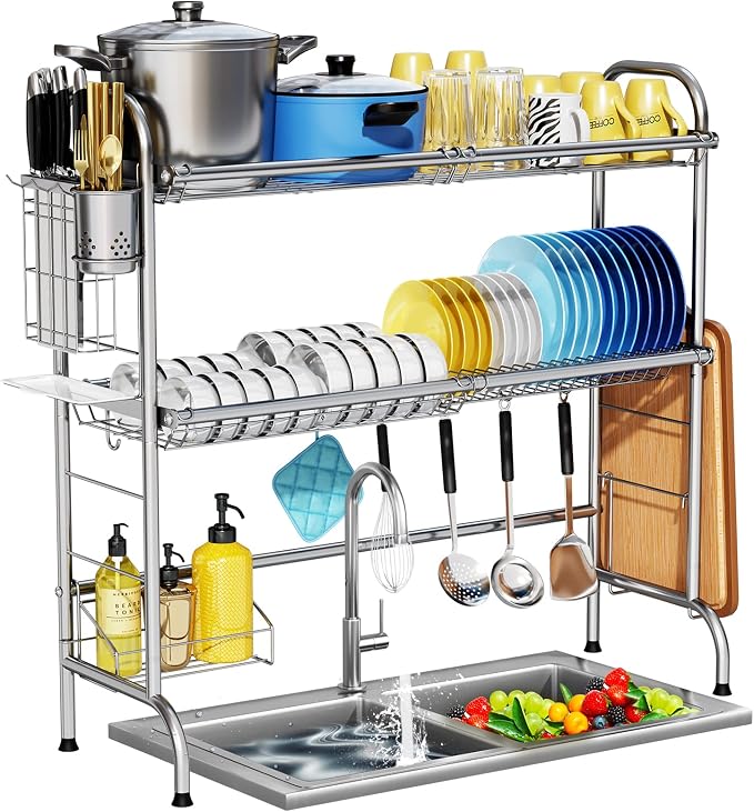 HOWDIA Stainless Steel 2-Tier Over The Sink Dish Drying Rack with Utensil Holder, Large, for Kitchen Counter | Stainless Steel, Cutlery Holder & Chopping Board Rack, for Kitchen Counter
