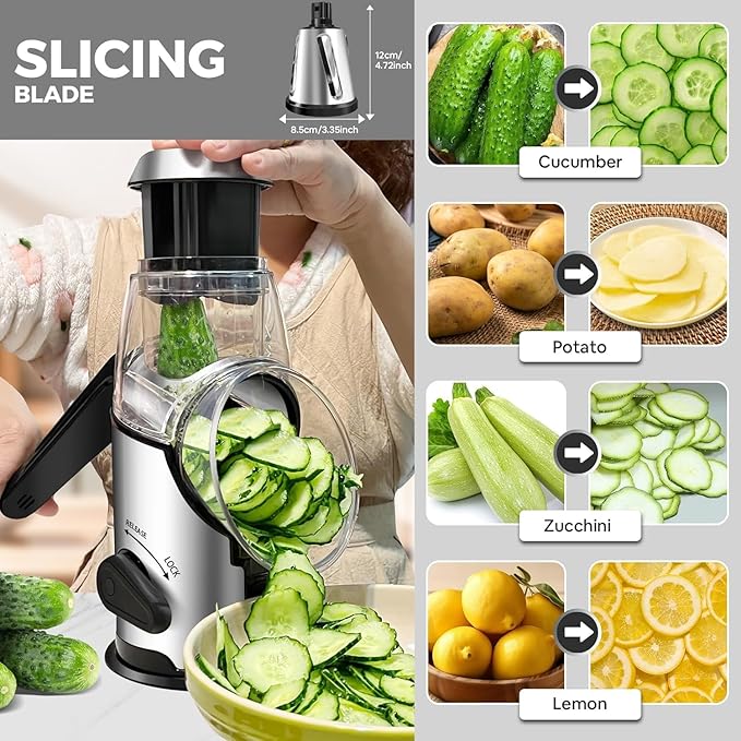 Airpro Rotary Cheese Grater with Handle - Vegetable Shredder with 3 Stainless Steel Blades & Strong Suction Base,Round Mandoline Slicer & Food Chopper for Kitchen