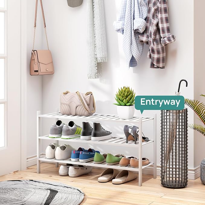 viewcare 3-Tier Long Shoe Rack, Bamboo Wood Shoe Rack for Closet, Entryway & Hallway, Stackable White Shoe Shelf Storage Organizer for Indoor Outdoor