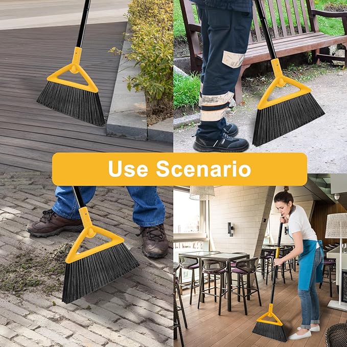 Heavy Duty Angle Broom 2 Pack - Yellow Broom for Outdoor & Indoor, Garage, Driveway, Sidewalk, Kitchen & More, Long Handle