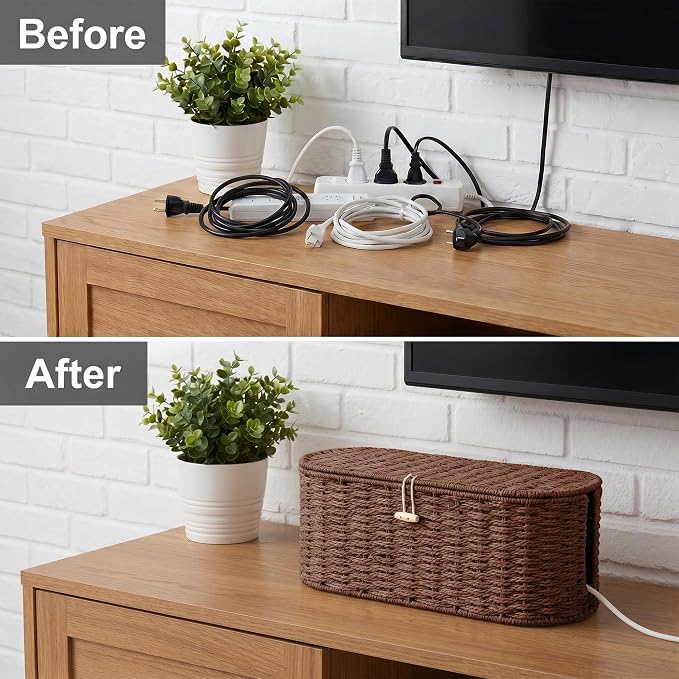Set of 2 Cable Management Box, Handwoven Paper Rope Cord Hider Organizer Boxes with 3 Side Open Slots, Cable Organizer Box to Hide Cords Power Strip, USB Hub, TV Wires for Home, Office,Brown