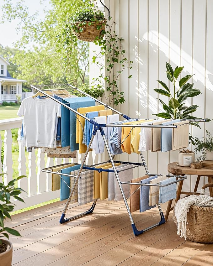 Sakugi Clothes Drying Rack, Foldable 2-Level Laundry Drying Rack with Height-Adjustable Wings, for Clothing & Bedding, Free-Standing Space-Saving Rack, Indoor & Outdoor, 55.5"L × 22.8"W, Silver Blue