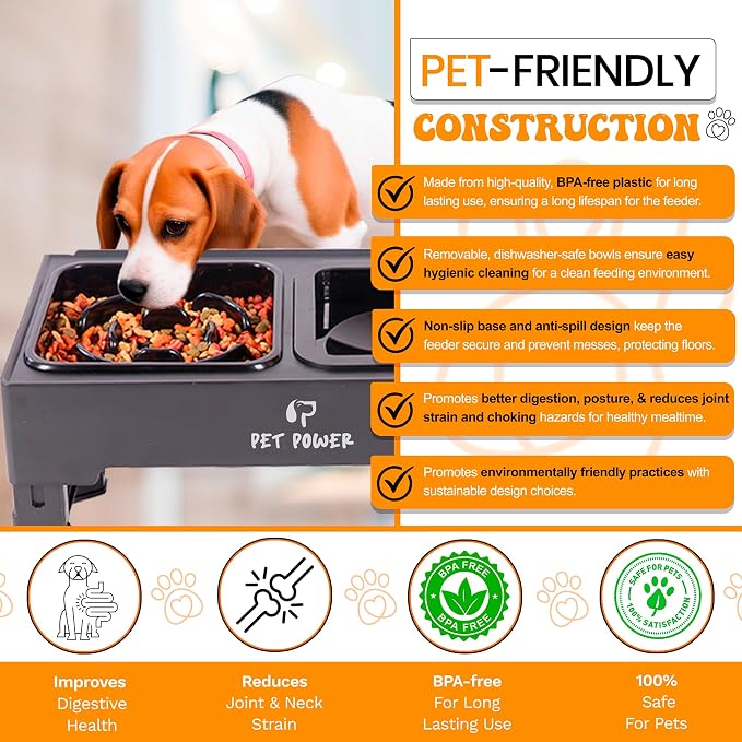 Elevated Dog Bowls with Collapsible Scoop, Slow Feeder Dog Bowls & No-Spill Water Bowl, Raised Dog Bowl Stand 4 Adjustable Heights for Small, Medium & Large Dogs