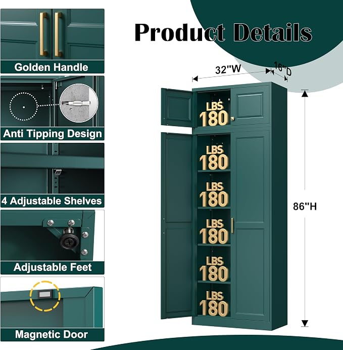Steeloong 86"Metal Pantry Storage Cabinet with Doors & 4 Adjustable Shelves | Kitchen Pantry Cabinet,Green Kitchen Cabinet with 4 Gold Handles,Tall Cabinet for Livingroom,Pantry, Bathroom,Kitchen,Garage