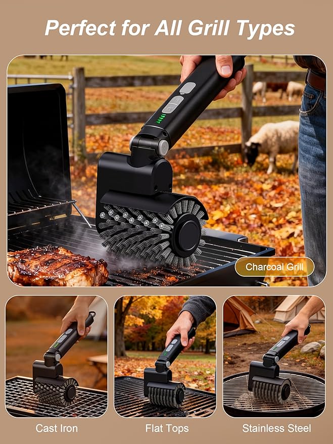 Electric Grill Brush, Cordless Automatic BBQ Cleaner with 3-Speed Control, Rechargeable Grill Cleaning Brush with Stainless Steel Heads & Scouring Pad, BBQ Accessories Gift for Men