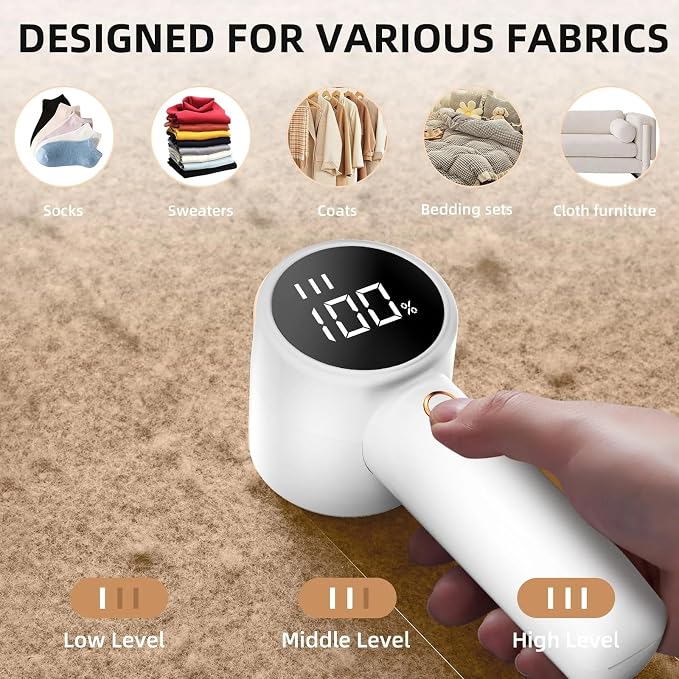 Fabric Shaver Lint Remover, Rechargeable Lint Shaver, Electric Sweater Defuzzer with 3 Speeds, 6 Blades, Digital LED Display to Remove Pilling for Clothes, Furniture, Couch, Blanket (Color : White)