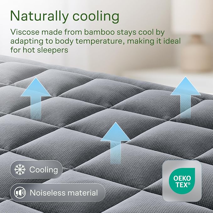 Niagara Sleep Solution Ultra Soft Queen Size Mattress Topper - Rayon Derived from Bamboo Pillow Top Mattress Pad for Back Pain Relief - Naturally Cooling for Hot Sleepers, Gray
