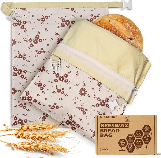 Large Linen Beeswax Bread Bags(2 Pack) Sourdough Bread Bags Reusable Double-Lock Freezer Baking Container Gift Giving for Homemade,Loaf,Sourdough,Food Storage (Vintage Daisy Sprig Pattern)