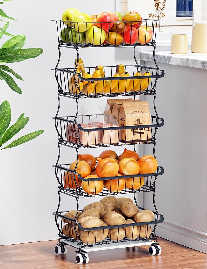 OKZEST 5 Tier Fruit Basket for Kitchen, Stackable Bins Wire Rack with Wheels, Fruit and Vegetable Storage Basket Pantry Food Snack Organizer Shelf, Kitchen Storage Cart for Onion and Potato, Produce
