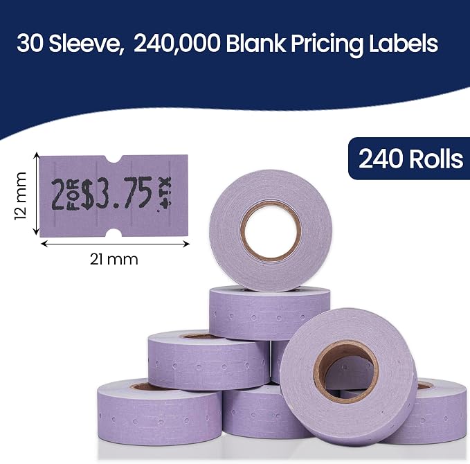 Perco 1 Line Lavender Labels - 240,000 Blank Pricing Labels for Perco Lite, X, Plus and Pro 1 Line Price and Date Guns - 240 Rolls, Case of 30 Sleeves - Made in USA