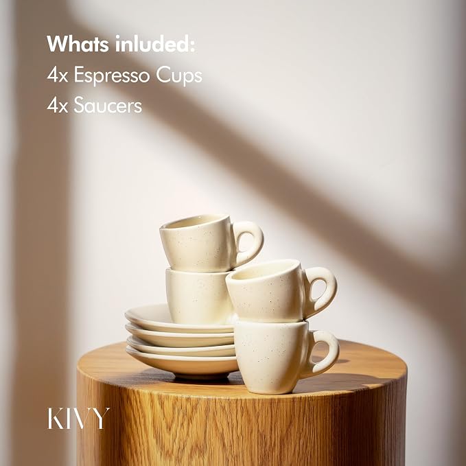 KIVY Espresso Cups Set 4x 3oz - Thick Walled Stoneware - Dishwasher Safe | Italian Style Espresso Cups and Saucers - Espresso Mugs - Tazas de cafe - Ceramic cup - Cream Dotted