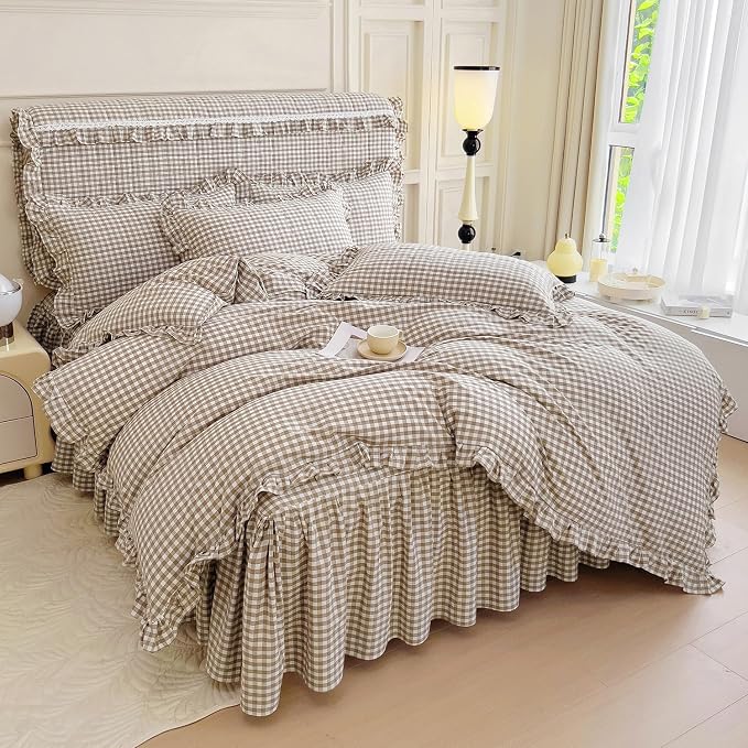mixinni Tan Gingham Ruffle Duvet Cover King Size 3 Pieces – 100% Washed Cotton, Vintage Plaid Ruffled Bedding Set with Zipper Ties, Soft Cream Checkered Grid Farmhouse Chic Comforter Cover Set