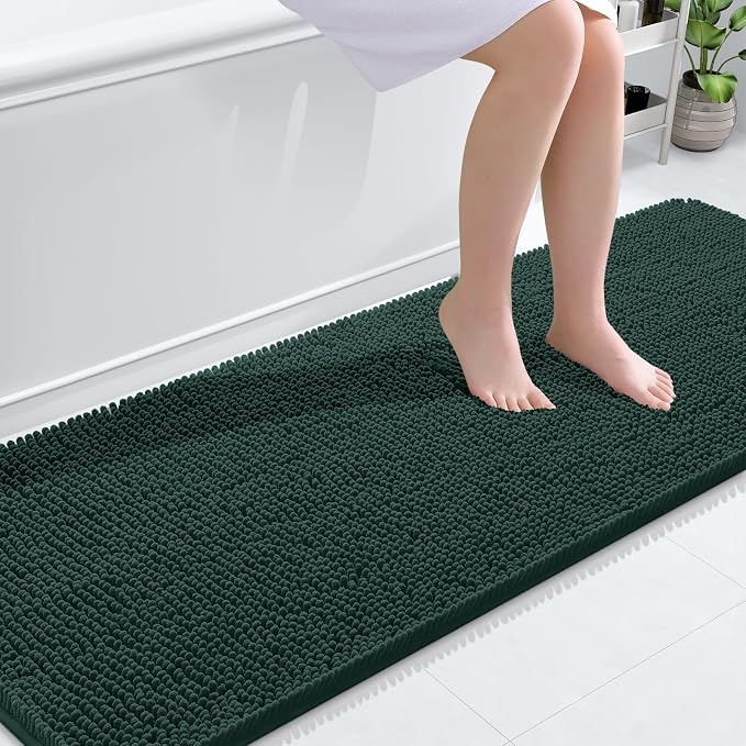 OLANLY Bathroom Runner Rugs 70x24, Soft Absorbent Chenille Bath Rugs, Rubber Backing Quick Dry, Machine Washable Long Bath Mats for Bathroom, Tub and Shower, Home Decor Accessories, Blackish Green