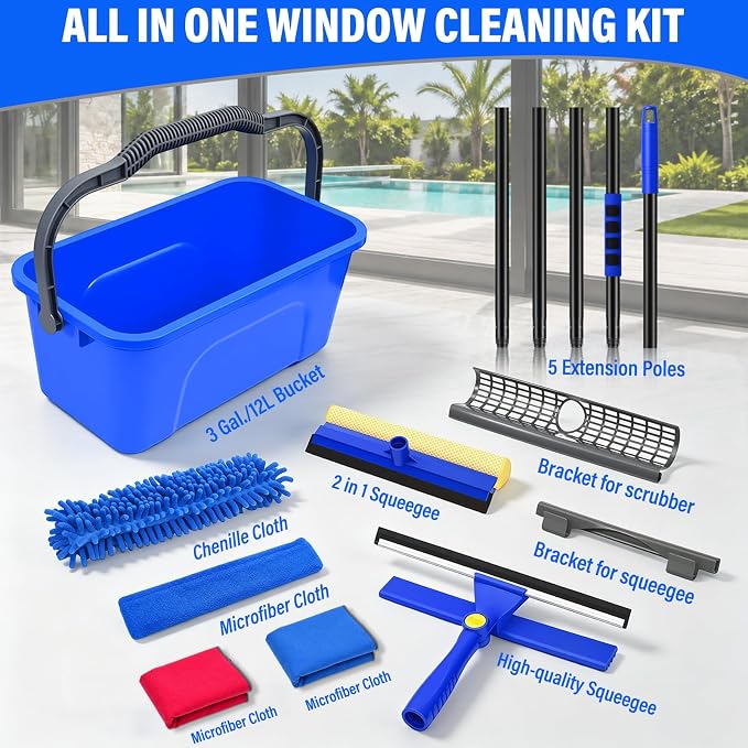 Wontolf 13pcs Window Cleaning Kit with Bucket 3 Gallon, 2-in1 Window Squeegee with 79" Long Handle, Professional Window Washing Equipment Cleaner Tool for Home Outdoor Commercial Use