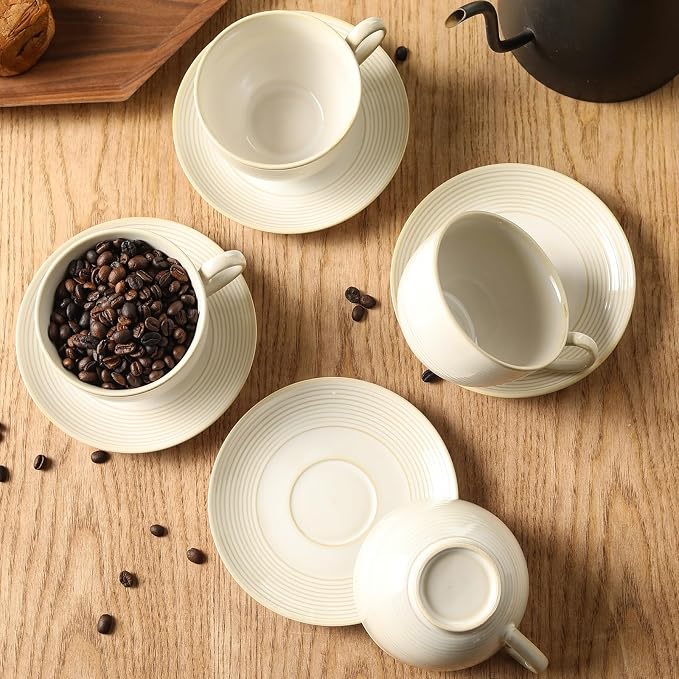 12Oz Coffee Cups with Saucers, Ceramic Espresso Cup Set of 4, Cappuccino Cups Set, Tea Mugs and Saucer, Microwave Dishwasher Safe Drinkware for Home, Cafe, Housewarming Gifts