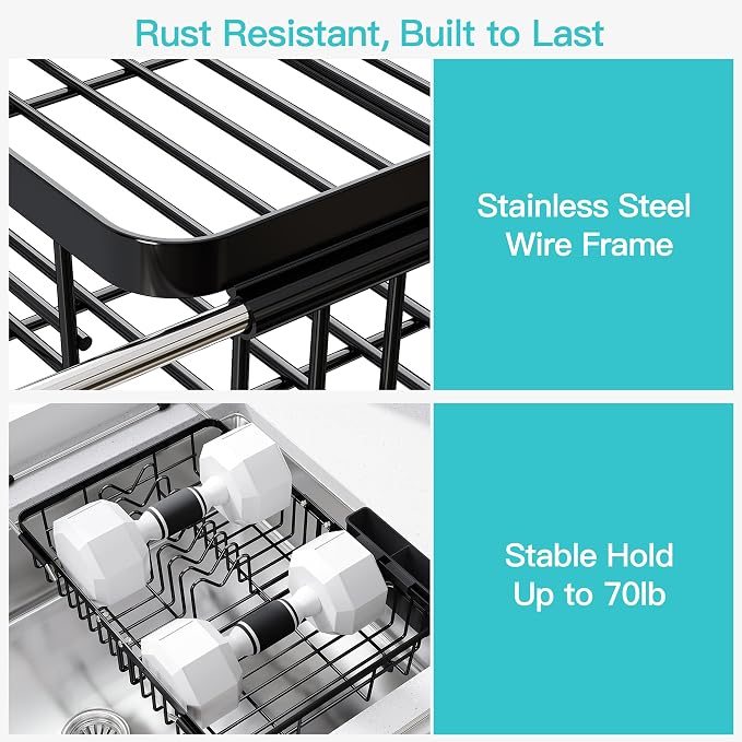 JASIWAY Black Dish Drying Rack Over the Sink with Utensil Holder | Expandable Stainless Steel Dish Driainers for Small Kitchen, Counter Space Saving, Fast Drain, Rust Resistant, For Apartment
