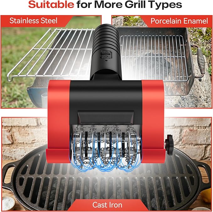 Electric Grill Brush Outdoor for Grill, 2026 Unique Stainless Steel Chain Brush Head-No Blind Spot Cleaning, No Bristle Shedding Cordless Rechargeable BBQ Grill Cleaner for Grates, Gifts for Men Dad