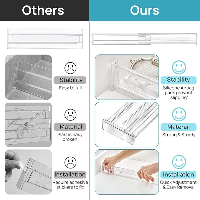 Vtopmart 12 Pack 2.36" Short Upgrade Drawer Dividers for Kitchen Drawer, 12.8"-22.3" Expandable Kitchen Drawer Organizer, Clear Plastic Organizer Separator for Flatware, Utensil, Cutlery, Underwear