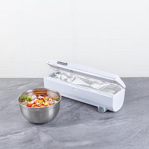 Restaurantware-Chef 101 Food Wrap Dispenser with Cutter, 1 Refillable Cling Wrap Dispenser - Fits 12” to 18” x 2000’ Rolls, Press Down and Cut, White Plastic Aluminum Foil, Sharp Blade