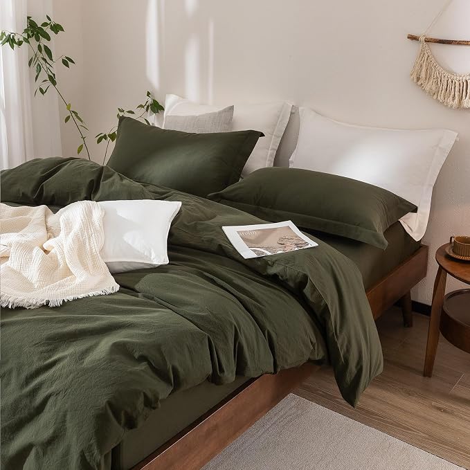 Olive Green Duvet Cover King Size, 100% Washed Cotton Bedding Set Cover 1 Duvet Cover 104inch x 90inch with Zipper Closure and 2 Pillowcases, Olive Green
