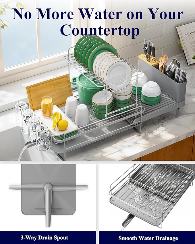 Kitsure Large Dish Drying Rack - Extendable Dish Rack, Multifunctional Dish Rack for Kitchen Counter, Anti-Rust Dish Drainers with Cutlery & Cup Holders 19.2"-26.7" L x 12.9" W x 13.6", Grey