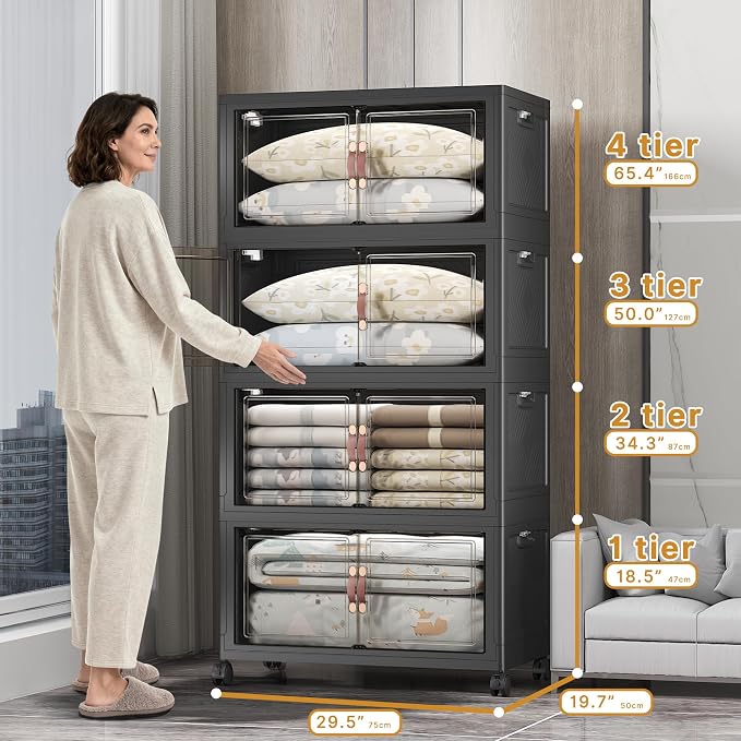 Stackable Storage Bins, 700QT Collapsible Drawers with 1 Lid | Large Capacity, Magnetic Door, Stack Lock, Rolling Wheels, Foldable Design, Organizers and Storage for Bedroom Dorm Garage
