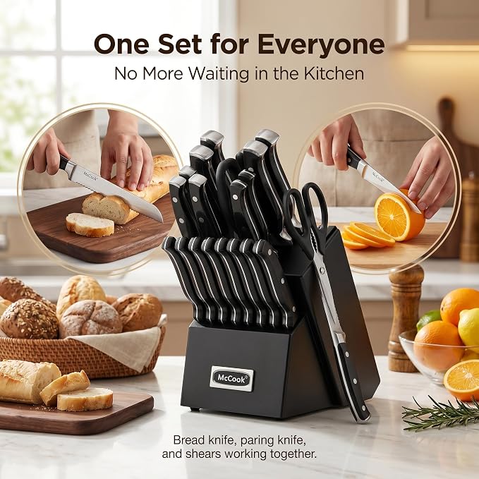McCook Kitchen Knife Set 20PC Knife Block Set w Built-in Sharpener | German Forged Stainless Steel,Razor Sharp, Anti-Rust,Triple Rivet,Restaurant Grade,Ergonomic Handle,Full Tang,Gift Box