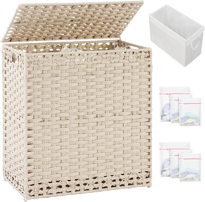 SETVSON Laundry Hamper with Lid PE Rattan Laundry Basket, Light Khaki | Decorative Furniture Look for Bathroom & Bedroom, 2-Section Large Wicker Hamper, 2 Cloth Bags, 6 Mesh Bags Included