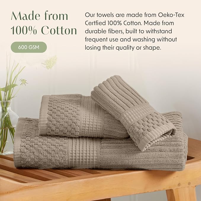 Springtree Home 100% Cotton Bath Towel Set | 4-Pack | Textured | Brown | Absorbent & Quick-Dry Bathroom Towels | Textured and Durable Cotton Towels for Bathroom | OEKO-TEX | Krista Collection