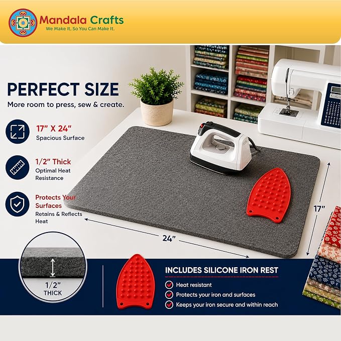 Mandala Crafts 17 × 24 Inch 100% New Zealand Wool Pressing Mat Ironing Pad | Portable, Thick, with Bag, Heat Resistant, Iron Board Alternative, for Sewing, Quilting, Embroidery, Any Surface