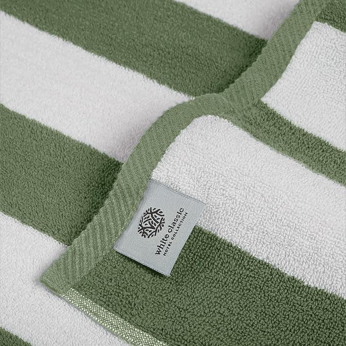 White Classic Beach Towels Oversized Cabana Stripe Cotton Bath Towel Large - Luxury Plush Thick Hotel Swim Pool Towels for Adults Super Absorbent Quick Dry - 35x70 Khaki Green [2 Pack]