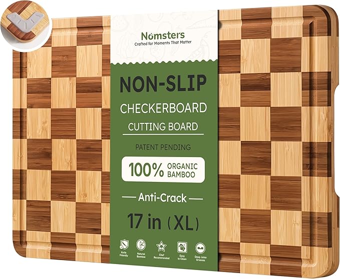 Bamboo Cutting Boards for Kitchen Wooden Checkered Cutting Board with Deep Juice Groove Non Toxic Charcuterie Board Cheese Serving Tray Non Slip End Grain Thick Large Wood Chopping Board 17”x 12”
