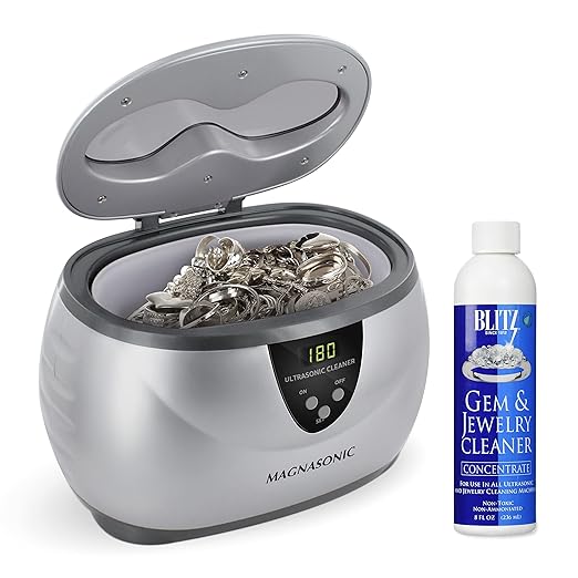 Magnasonic Ultrasonic Cleaner, 20oz Stainless Steel Tank, Digital Timer, 5 Cleaning Modes, w/ 8oz Gem & Jewelry Cleaner Concentrate Solution for All Jewelry, Eyeglasses, Watches, Dentures, Retainers