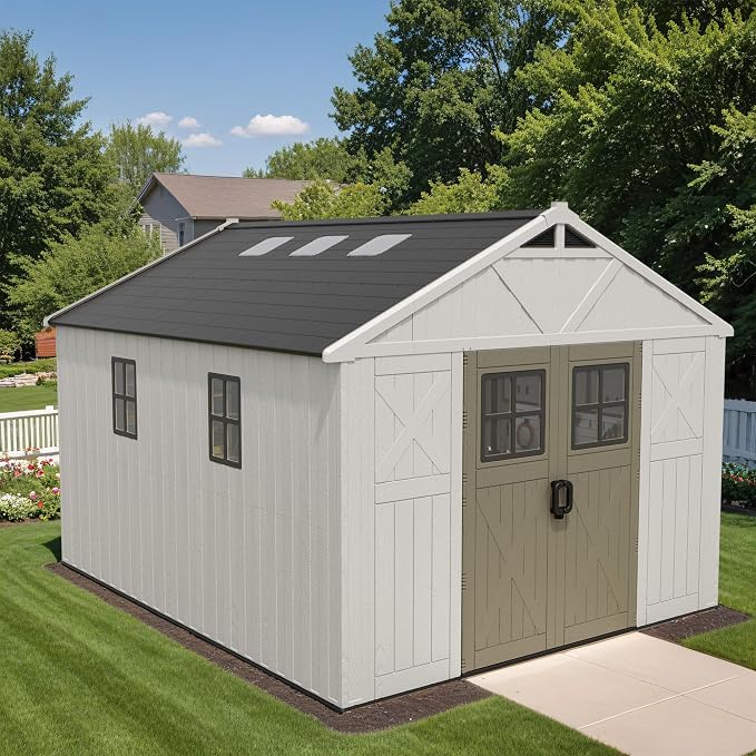 Devoko 10x12 FT Resin Outdoor Storage Shed with Floor, Beige | Large Plastic Garden Shed with Windows & Lockable Door, Multipurpose Tool Storage Shed for Patio Backyard Lawn
