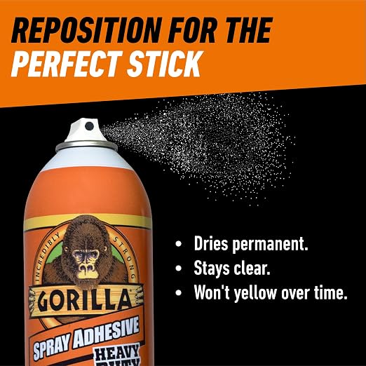 Gorilla Heavy Duty Spray Adhesive, Multi Purpose & Repositionable, Clear, 14 oz (Pack of 1) Bonds Paper, Cardboard, Foam, Fabric, Photo Safe, Non-Yellowing, Indoor & Outdoor