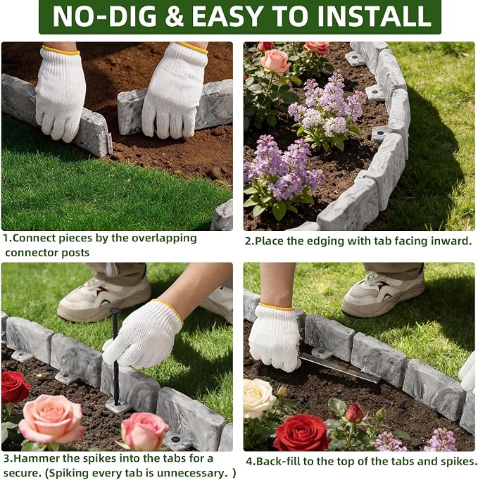 Landscape Edging Garden Edging Border Faux Stone Edging,91FT x 2.75 in Tall | Decorative Stone-Look Garden Border for Flower Bed Edging,Yard Edging,Lawn Trees and Gardens,w/ Anchoring Spikes,Gray