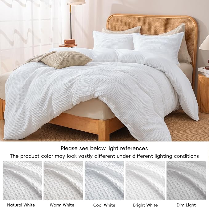 PHF Waffle Weave Duvet Cover Set Queen Size, No Snagging Ultra Soft Luxury Textured Breathable Comforter Cover for All Season 3pcs, Durable Bedding Duvet Set with 2 Pillow Shams, 90"x90", White