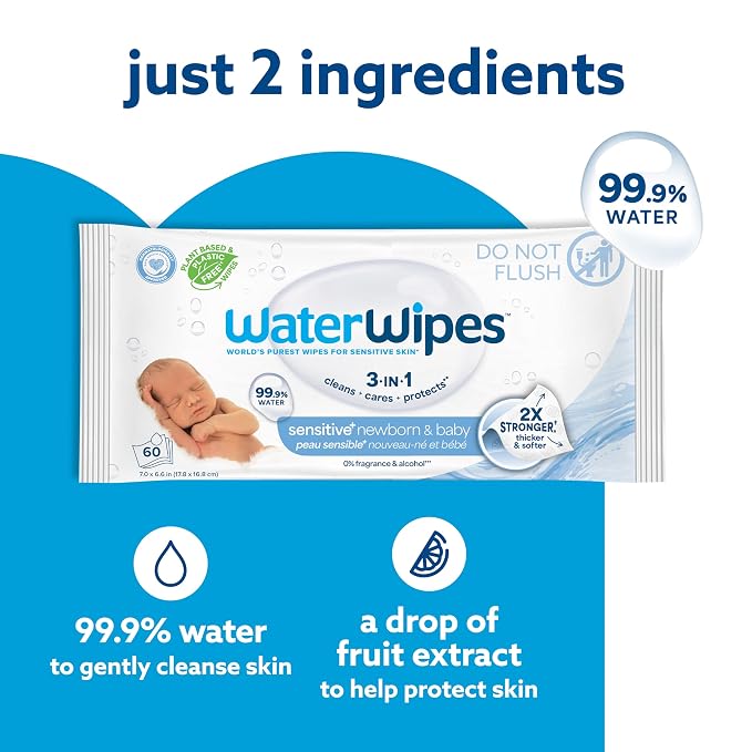 WaterWipes Sensitive+ Newborn & Baby Wipes, 3-In-1 Cleans, Cares, Protects, 99.9% Water, Unscented & Hypoallergenic, 540 Count (9 Packs)