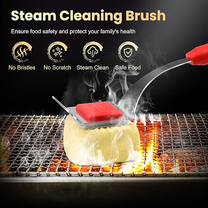 Grill Brush Bristle Free with 5 Replaceable Pads, BBQ Grill Brush Replaceable Cleaning Head, Grill-Cleaner Brush for Cast Iron/Stainless Steel Grates, Gift for Men Dad-Red