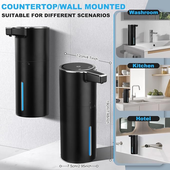 Automatic Soap Dispenser Liquid Touchless: 13.52oz/400ml Wall USB Rechargeable - 4-Level Adjustable Modern Electric Hand Soap Dispenser - Kitchen Bathroom Kids Family Black
