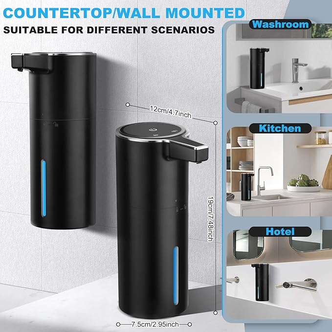 2 Pack Automatic Soap Dispenser: 13.52oz/400ml Wall Touchless Liquid - 4-Level Adjustable Modern Electric Hand Soap Dispenser - Kitchen Bathroom Kids Family Black