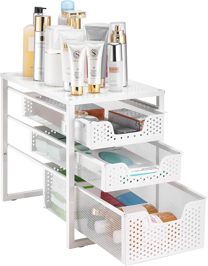 Simple Trending 3-Tier Under Sink Cabinet Organizer with Sliding Storage Drawer, Desktop Organizer for Kitchen Bathroom Office, Stackbale,White