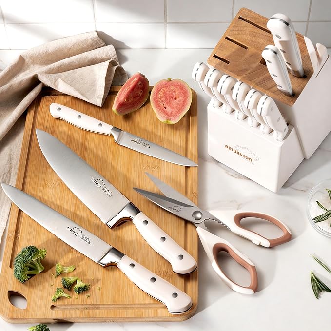 Knife Set, Kitchen Knives Set with Block and Sharpener 14 Pcs Full Tang Knives German Stainless Steel Dishwasher Safe Kitchen Utensils Set with Ergonomic Handle Gifts for Women
