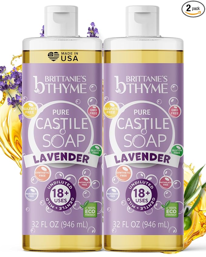 Brittanie’s Pure Castile Liquid Soap Refill, Lavender, 32 Ounce 2 Pack | Dish Soap, Hair & Body, Laundry, Home, Gentle and Pure, Made with Natural Luxurious Oils, Vegan & Gluten Free Non-GMO