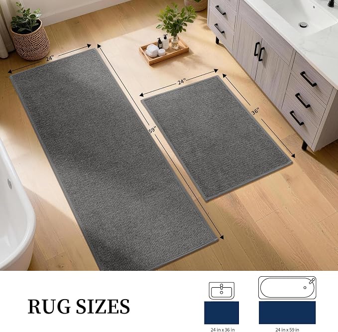 YIHOUSE Long Large Bathroom Rugs Sets 2 Piece, Quick Dry Thin Bath Mat, Non Slip Absorbent Machine Washable, Bath Runner Rug for Tub Sink Home Decor (24"x36" + 24"x59",Dark Gray)