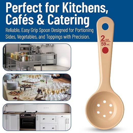 Carlisle FoodService Products 2 Oz Perforated Portion Control Spoon – Short Handle Measuring Spoon – Beige Polymer Foodservice Spoon for Commercial Kitchens, (Pack of 12)