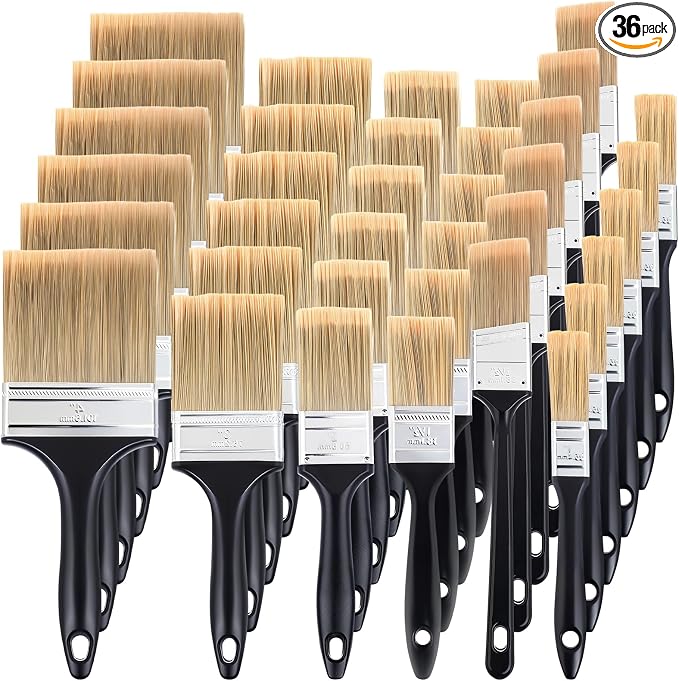 Layhit 36 Pcs Paint Brushes House Chip Paintbrush with Treated Plastic Handles Wide Flat Wall Trim Painting Tool for Paint Stains Wood Cabinet Deck Fence Door Furniture Home DIY (6 Size)