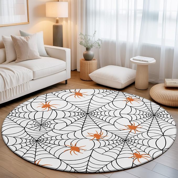 Round Area Rug 6', Halloween Washable Area Rugs for Living Room Kitchen Bedroom Nursery Dining Room, Black Net Classic Spiders Gingham Orange Non Slip Door Mat Indoor Floor Throw Circle Carpet