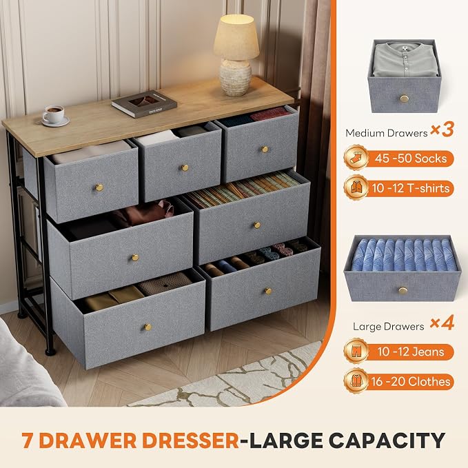 Sweetcrispy 7 Drawer Dresser with Fabric Bins, Fabric Storage Tower Organizer for Bedroom, Closet, Hallway, Entryway, Tall Chest of Drawers with Steel Frame, Wood Top, Large Storage, Gray Blue