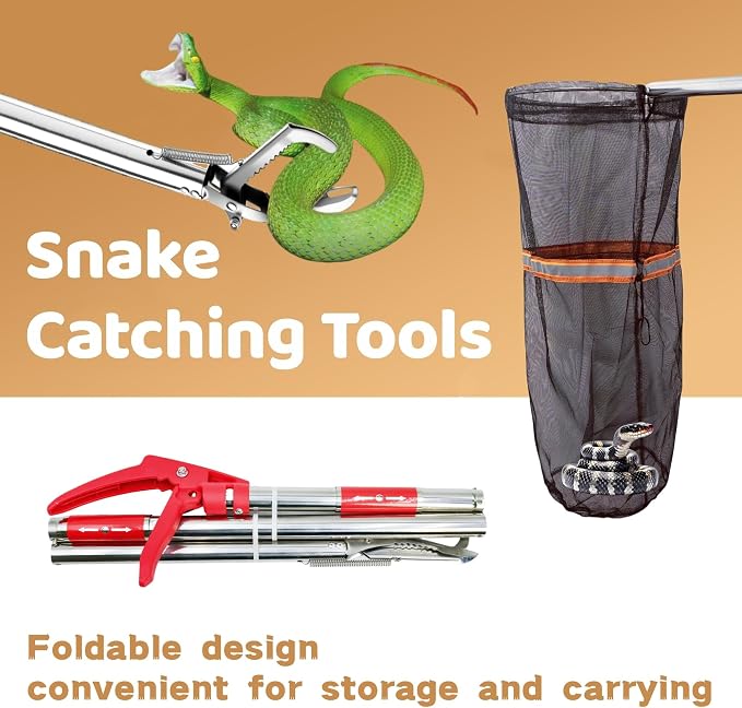 Snake Grabber Tool, 50'' Folding Snake Grabber Tongs with 72'' Detachable Stainless Steel Snake Catching Net for Corrosion Resistance High Load Capacity Easy to Clean and Maintain